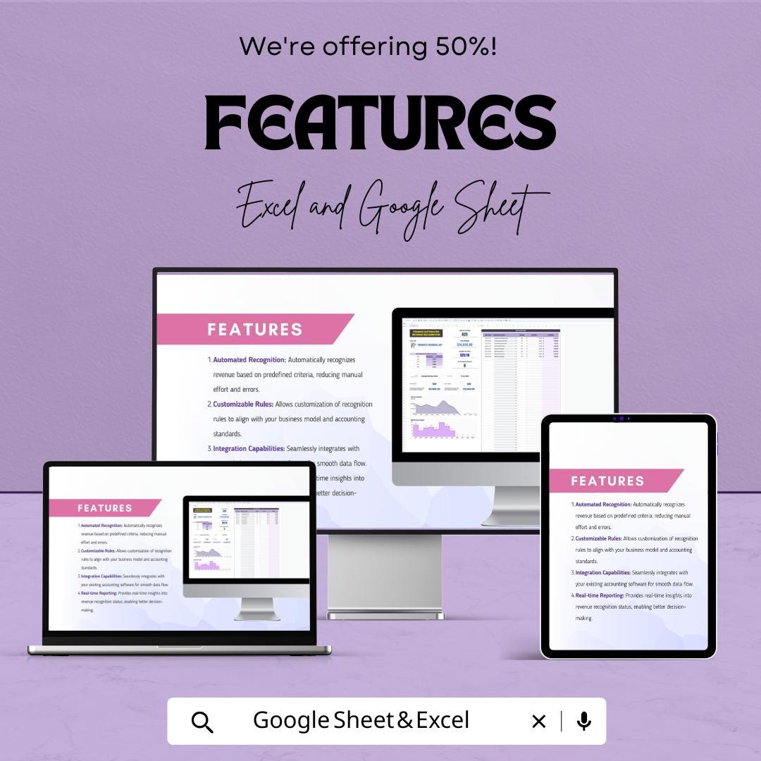 Finance Automated Revenue Recognition Template | Revenue Tracking Spreadsheet | Deferred Revenue Schedule | Financial Reporting Tool