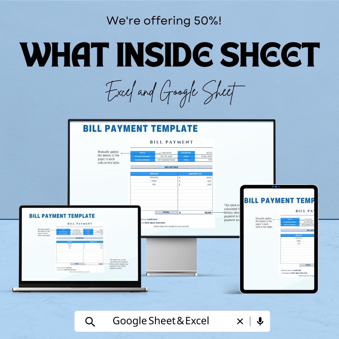Bill Payment Template Sheet – Excel & Google Sheets, Easy to Use, Budget Management, Bill Tracker, Invoice Tracker, Payment Organizer