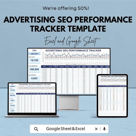Advertising SEO Performance Tracker Template | SEO Metrics Dashboard | Keyword Ranking Tracker | Organic Traffic Report Sheet