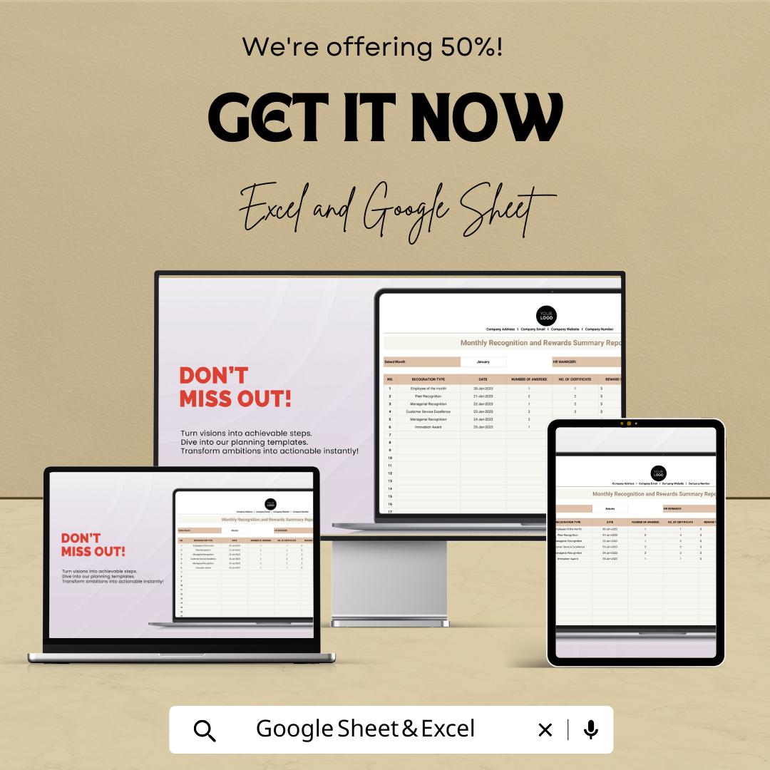 Monthly Recognition and Rewards Summary Report | HR Template for Excel & Google Sheets | Employee Recognition Tracker
