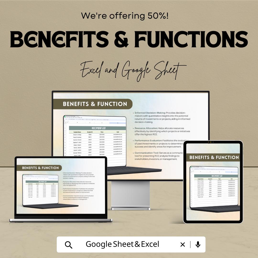Return On Investment ROI Analysis Template | Excel & Google Sheets ROI Calculator | Investment Analysis Spreadsheet | Profit Tracking Tool