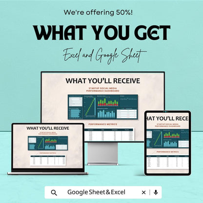 Startup Social Media Performance Dashboard Template | Social Media Analytics Spreadsheet | Marketing KPI Tracker | Excel and Google Sheets |