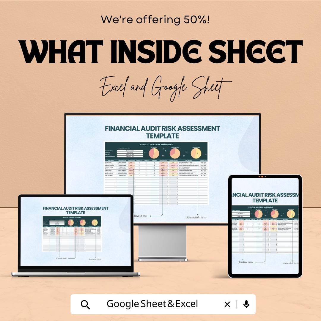 Financial Audit Risk Assessment Template | Audit Risk Matrix, Internal Control Evaluation, Compliance Review Sheet | Excel and Google Sheets