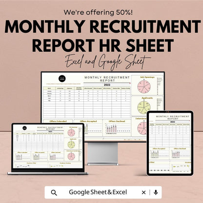 Monthly Recruitment Report HR Sheet - Excel & Google Sheets | Recruitment Tracking Template | HR Data Analysis | Job Openings Report |