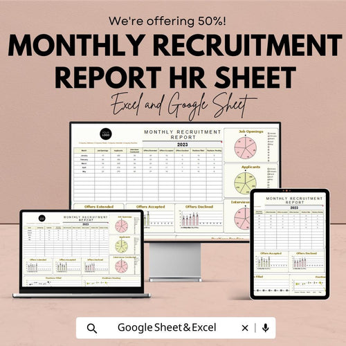 Monthly Recruitment Report HR Sheet - Excel & Google Sheets | Recruitment Tracking Template | HR Data Analysis | Job Openings Report |
