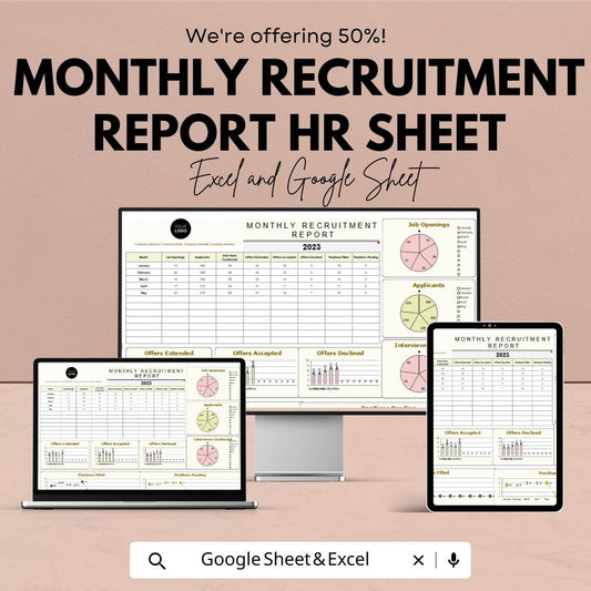 Monthly Recruitment Report HR Sheet - Excel & Google Sheets | Recruitment Tracking Template | HR Data Analysis | Job Openings Report |