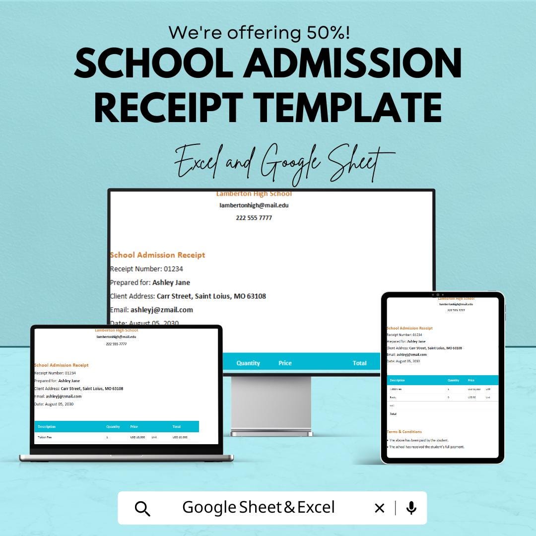 School Admission Receipt Template | Excel & Google Sheets | Tuition Fee Receipt | School Payment Invoice | Editable Receipt Form