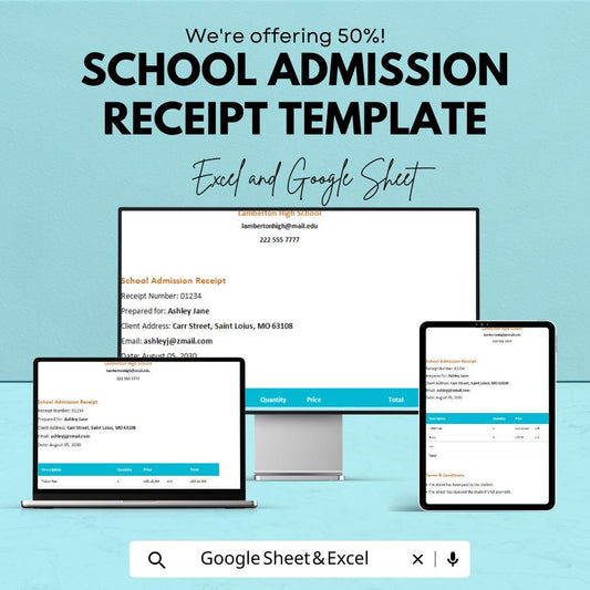 School Admission Receipt Template | Excel & Google Sheets | Tuition Fee Receipt | School Payment Invoice | Editable Receipt Form