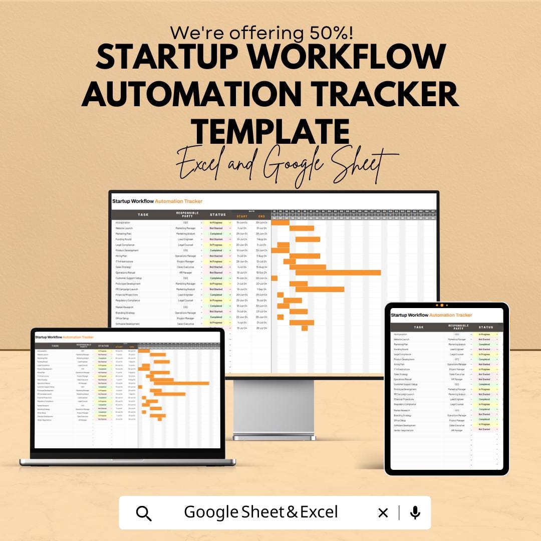 Startup Workflow Automation Tracker Template | Excel & Google Sheets Process Tracker | Business Automation Spreadsheet