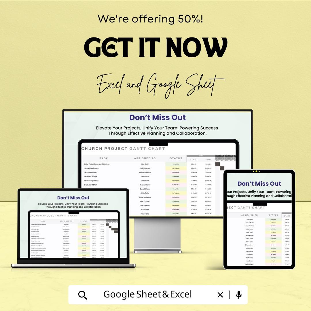 Church Project Gantt Chart Sheet - Excel & Google Sheets Template for Church Project Management
