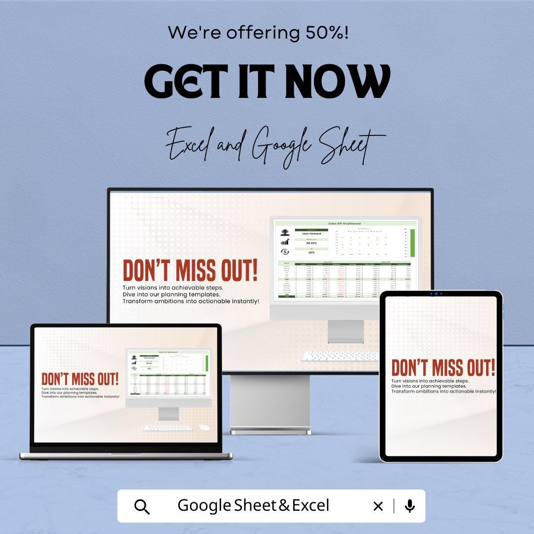 Sales KPI Dashboard Template | Excel & Google Sheets | Sales Performance Tracker | Sales Metrics Spreadsheet | Editable Dashboard