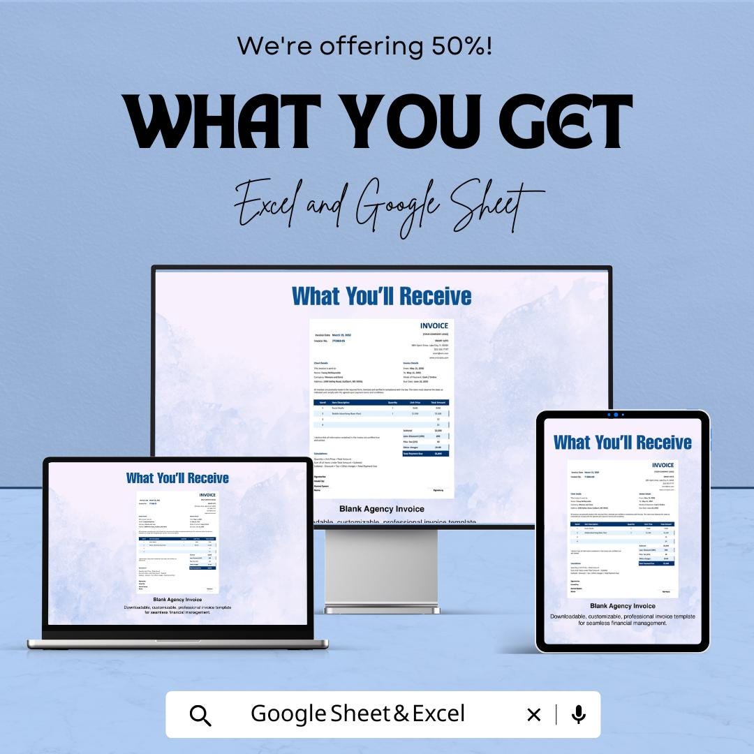 Blank Agency Invoice Template - Customizable Excel & Google Sheets - Easy-to-Use Professional Invoice