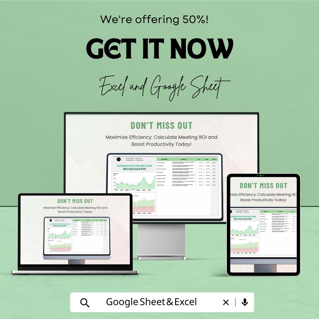 Administration Meeting ROI Calculator Template | Meeting Cost Analysis Spreadsheet | ROI Calculator | Productivity Tracking Tool