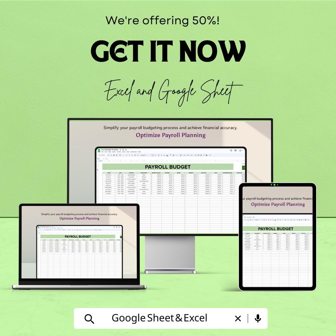 Payroll Budget Sheet – Excel & Google Sheets Template for Employee Salaries, Overtime, Bonuses, Benefits, and Subtotal Calculations