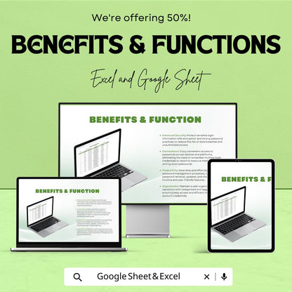 Password Manager Dashboard Excel and Google Sheet | Track Account Usage, Security Status & Password Health | Customizable Template