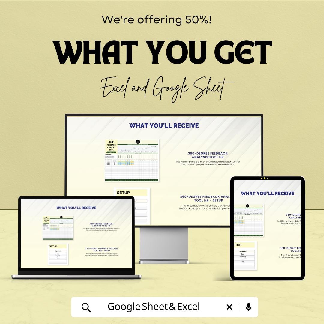 360 Degree Feedback Analysis Tool | HR Performance Review Template | Employee Evaluation Spreadsheet | Excel & Google Sheets