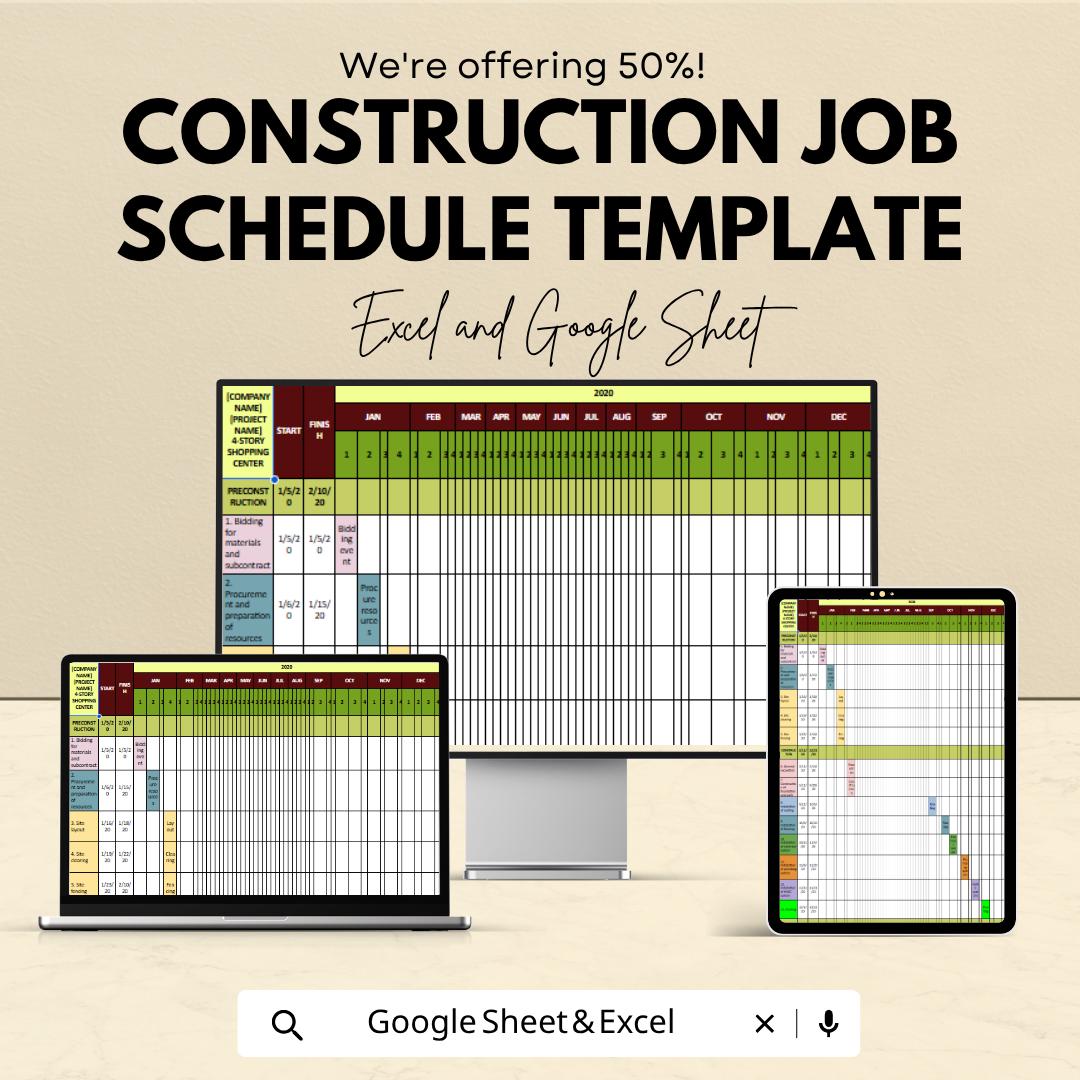 Construction Schedule Template | Project Timeline Planner | Gantt Chart Template | Construction Project Management Tool