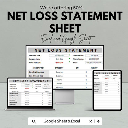 Net Loss Statement Sheet - Excel & Google Sheets | Financial Loss Tracker | Expense and Loss Analysis | Net Loss Report Template | 50% OFF