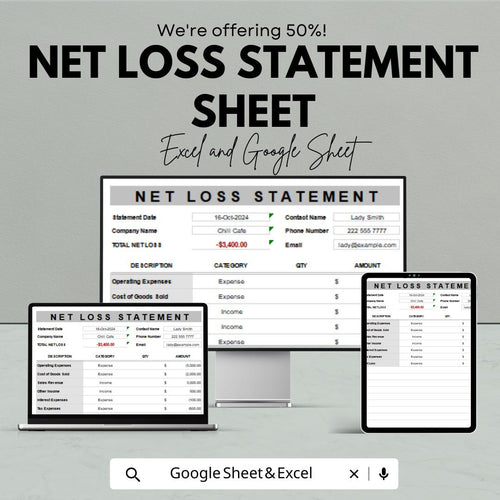 Net Loss Statement Sheet - Excel & Google Sheets | Financial Loss Tracker | Expense and Loss Analysis | Net Loss Report Template | 50% OFF