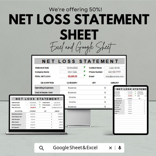 Net Loss Statement Sheet - Excel & Google Sheets | Financial Loss Tracker | Expense and Loss Analysis | Net Loss Report Template | 50% OFF