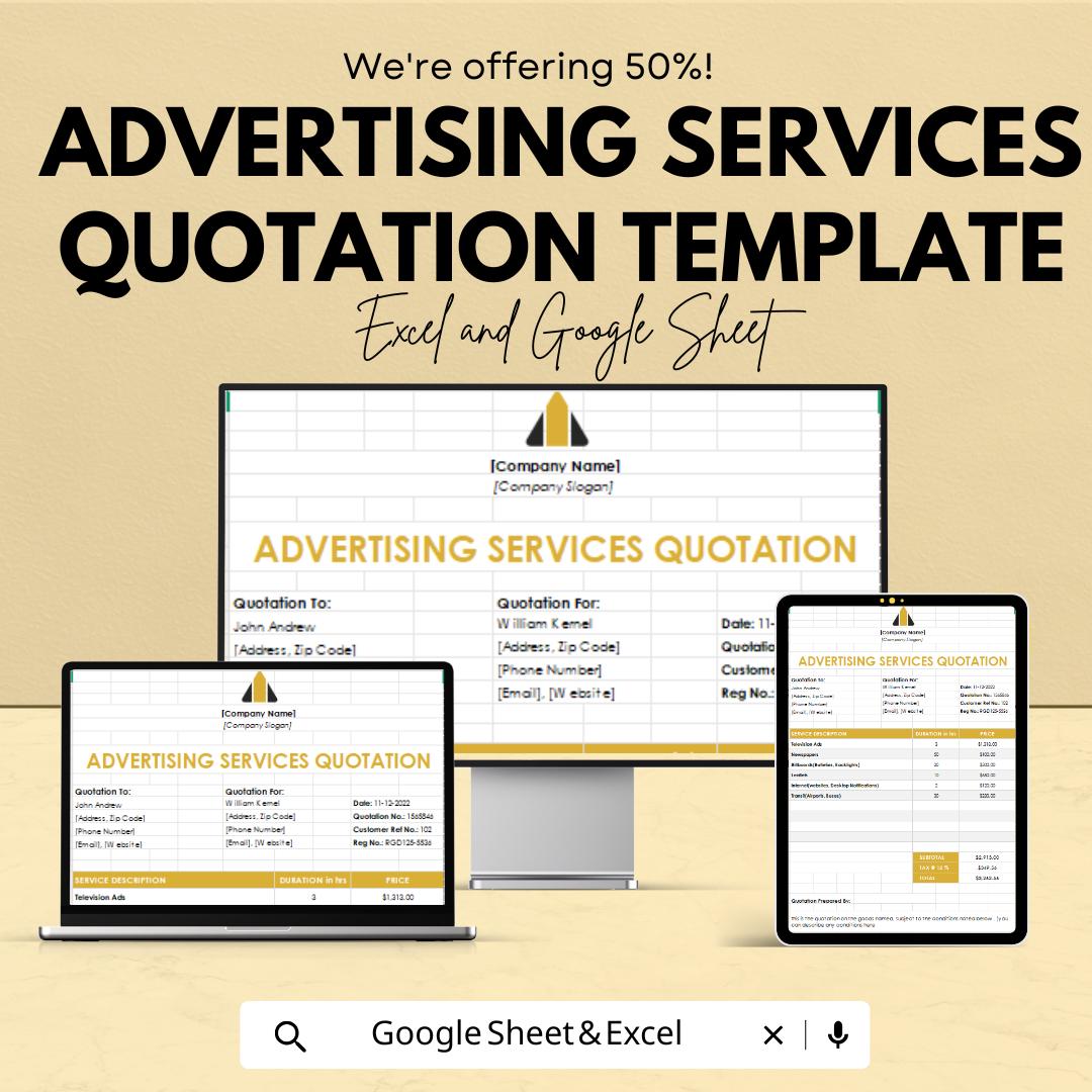 Advertising Services Quotation Template | Marketing Quote Sheet | Estimate Form | Agency Quotation Format | Editable Business Template