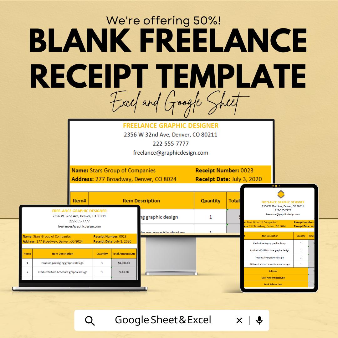 Blank Freelance Receipt Template | Excel & Google Sheets | Editable Business Receipt | Invoice for Freelancers | Payment Record Template