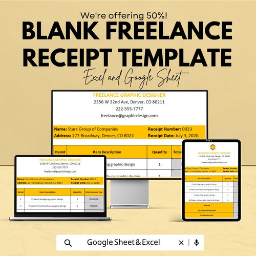 Blank Freelance Receipt Template | Excel & Google Sheets | Editable Business Receipt | Invoice for Freelancers | Payment Record Template
