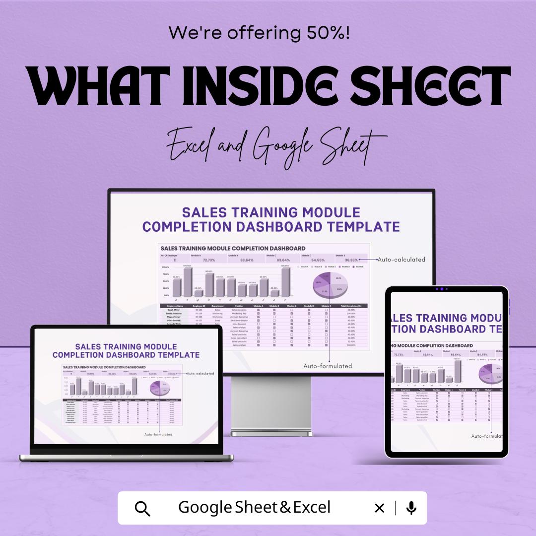Sales Training Module Completion Dashboard Template | Excel and Google Sheet | Auto-Calculated & Formulated | Employee Training Tracker