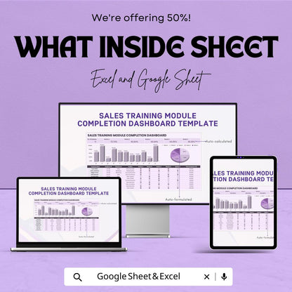 Sales Training Module Completion Dashboard Template | Excel and Google Sheet | Auto-Calculated & Formulated | Employee Training Tracker