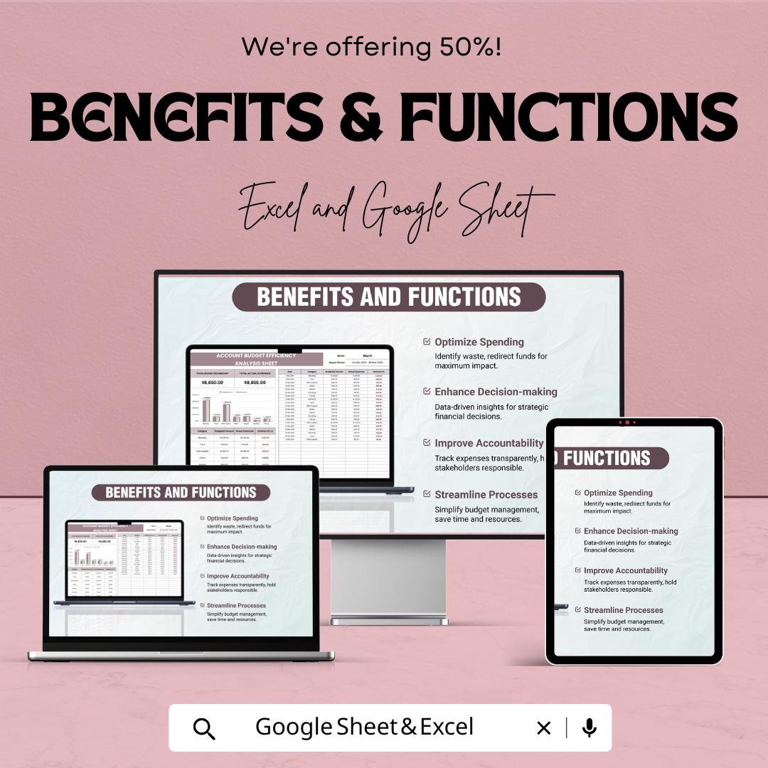Account Budget Efficiency Analysis Sheet Template | Expense Tracker | Monthly Budget Planner | Financial Report Dashboard