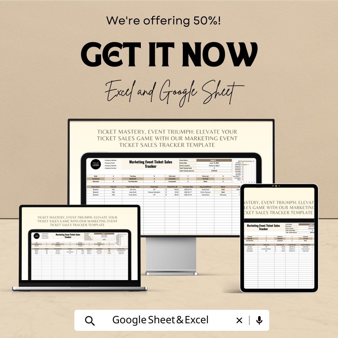 Marketing Event Ticket Sales Tracker Template | Event Ticket Spreadsheet | Ticket Inventory & Revenue Tracker | Event Sales Dashboard