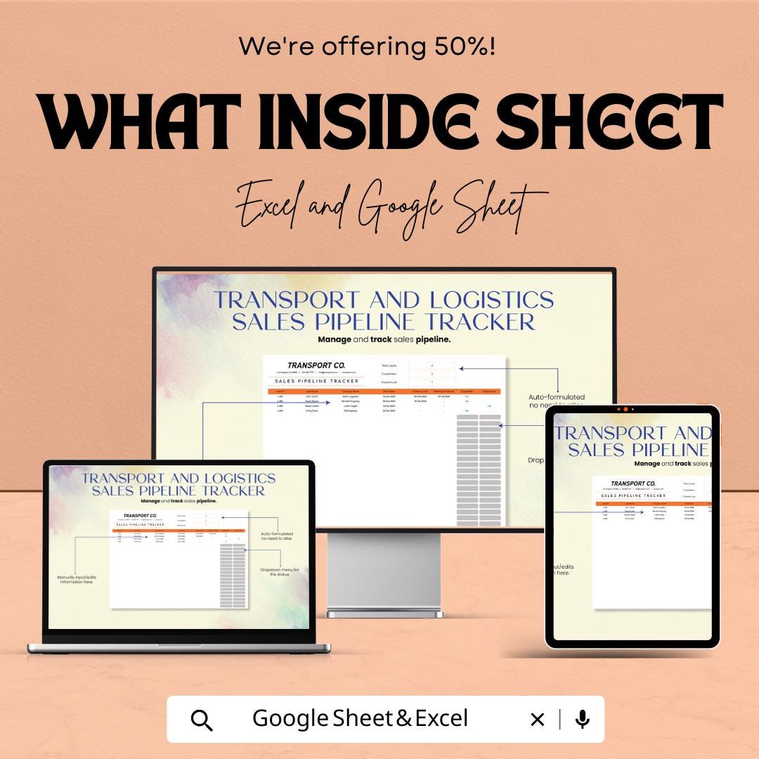 Transport & Logistics Sales Pipeline Tracker | Excel and Google Sheet CRM Template | Lead Tracker for Freight, Fleet and Trucking