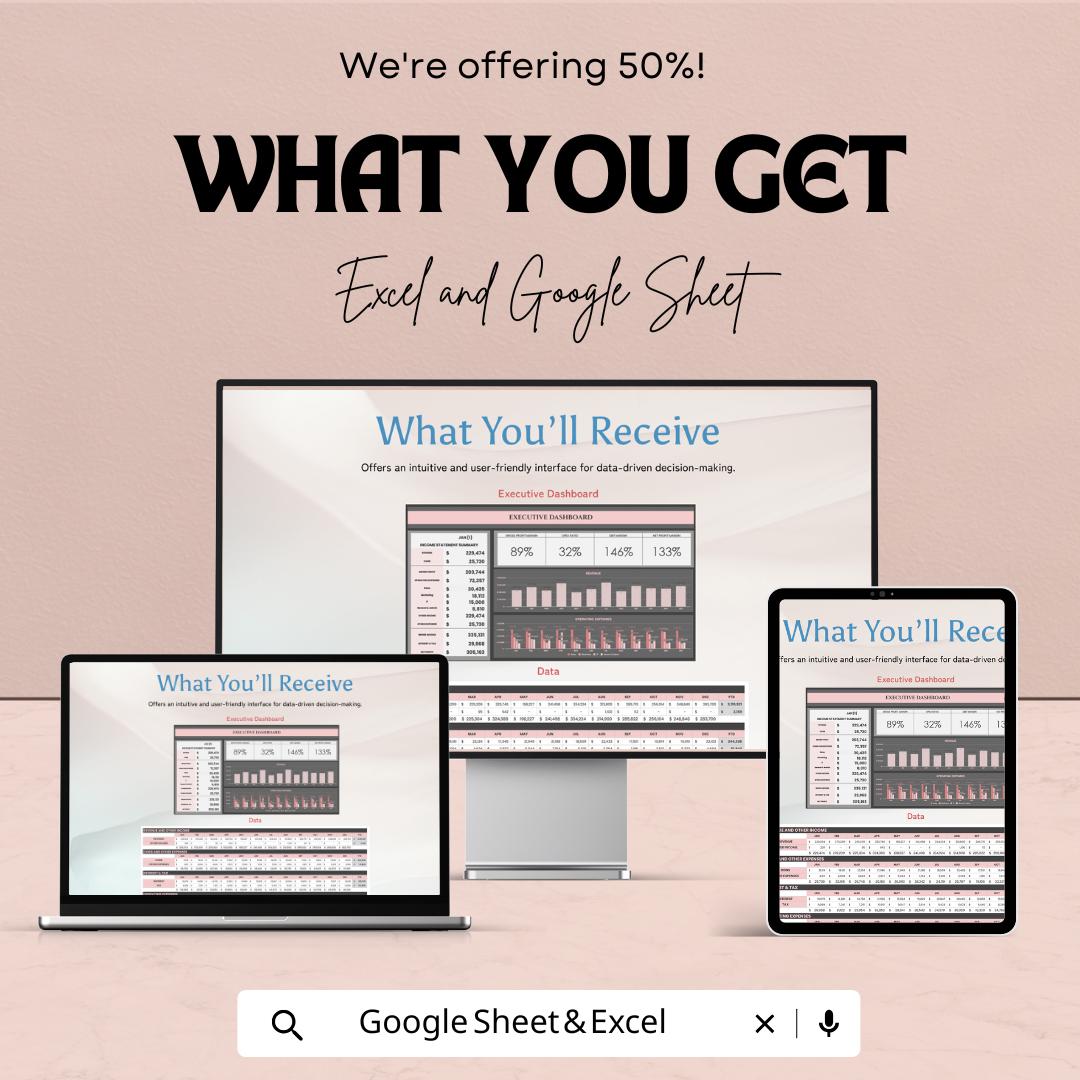 Executive Dashboard Excel and Google Sheet Template - Financial Overview, Budget Analysis & Performance Tracker