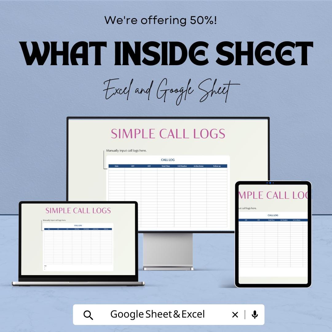 Simple Call Logs Template | Excel & Google Sheets | Call Tracking Spreadsheet | Business Log Sheet | Customer Call Record Template