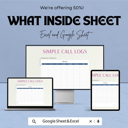 Simple Call Logs Template | Excel & Google Sheets | Call Tracking Spreadsheet | Business Log Sheet | Customer Call Record Template