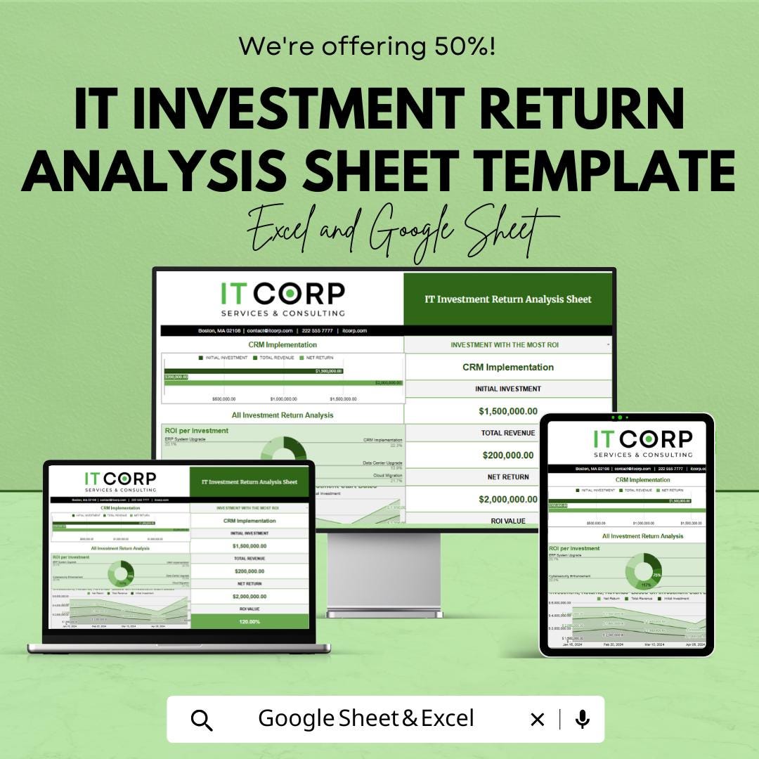 IT Investment Return Analysis Sheet Template |  IT Project Return Calculator | Business Investment Analysis Spreadsheet
