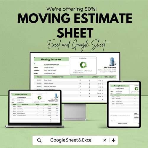 Moving Estimate Sheet - Excel and Google Sheets | Moving Cost Calculator | Moving Estimate Template | Household & Office Move | 50% OFF