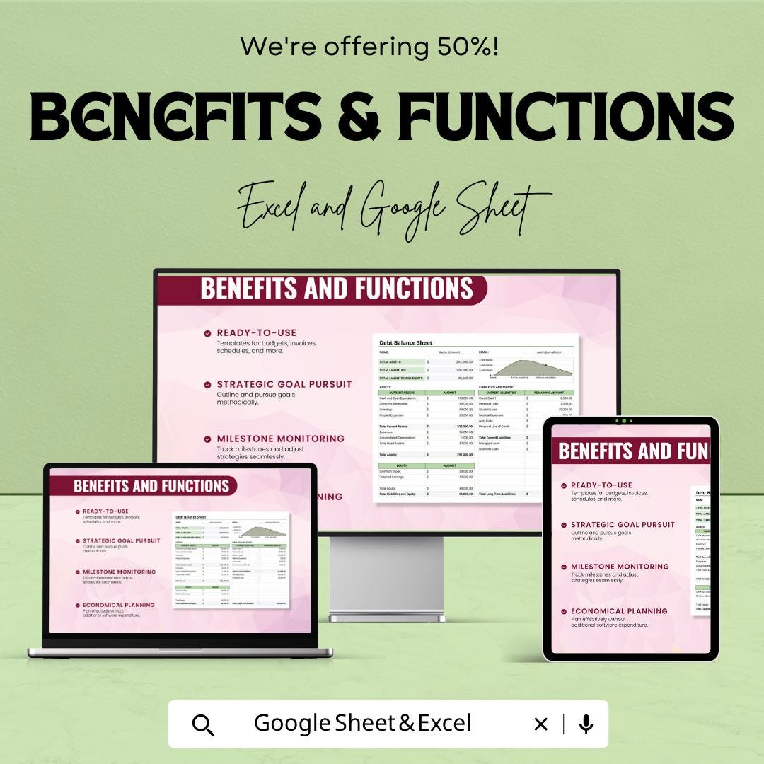 Debt Balance Sheet Template | Personal Finance Spreadsheet | Asset & Liability Tracker | Google Sheets | Financial Statement Planner