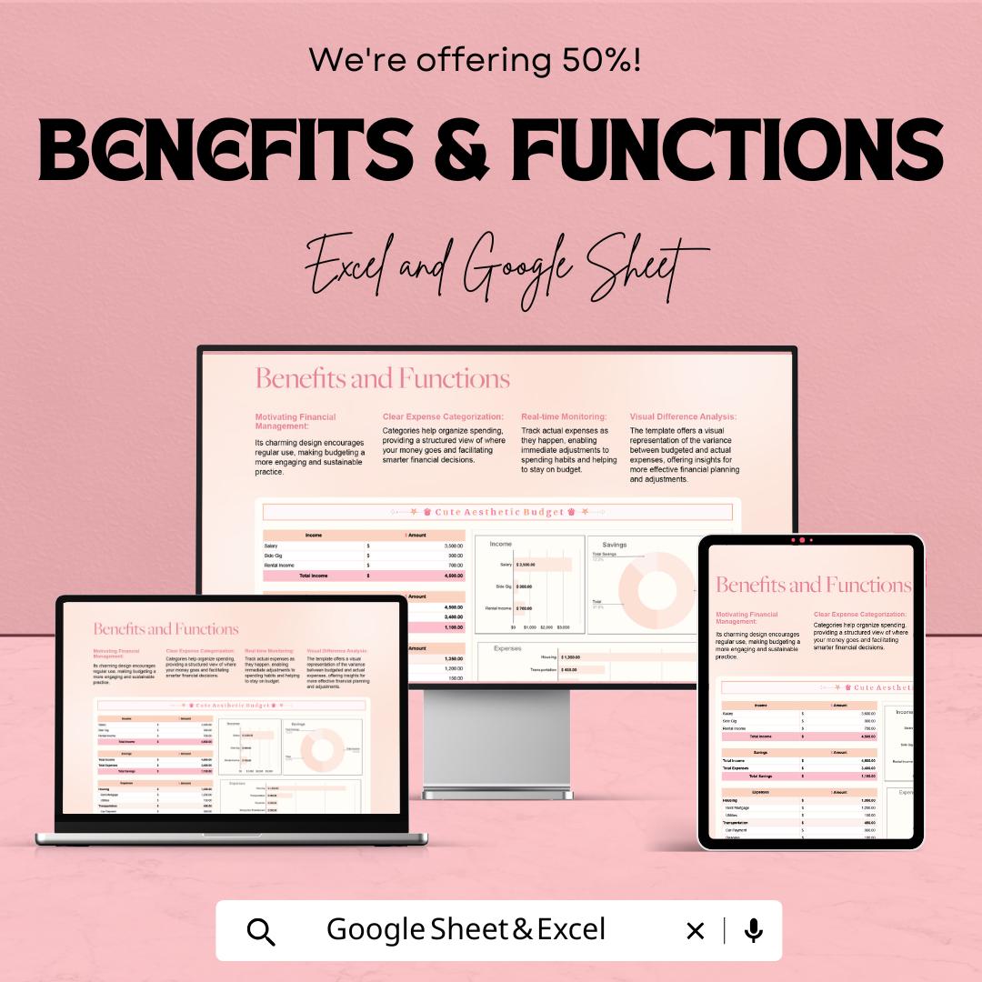 Cute Aesthetic Budget Template | Monthly Budget Spreadsheet | Excel & Google Sheets Budget Planner | Expense Tracker