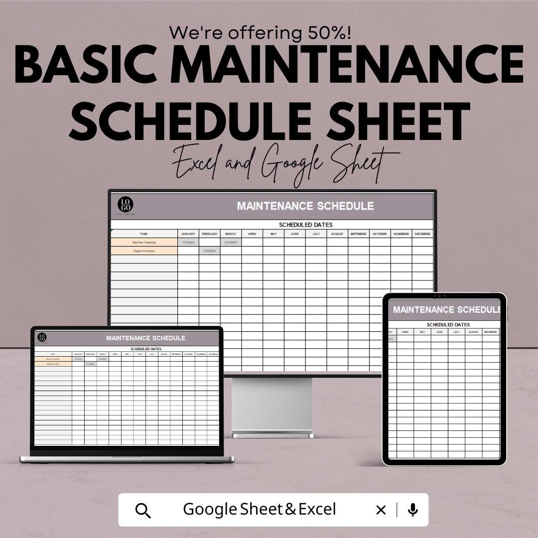 Basic Maintenance Schedule Template | Excel and Google Sheets | Task Scheduling & Efficiency Improvement