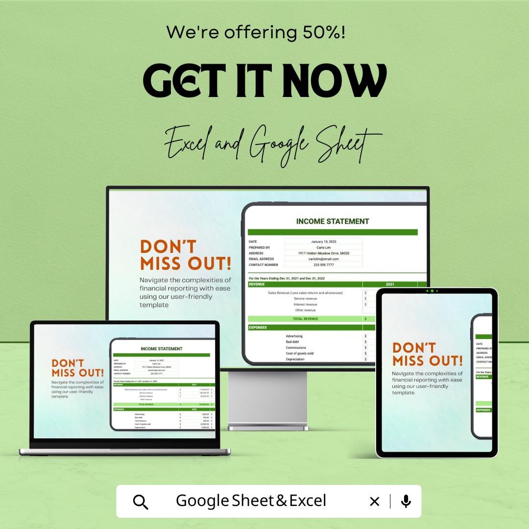 Income Statement Sheet | Excel & Google Sheet Template for Financial Reporting | 50% Off Now
