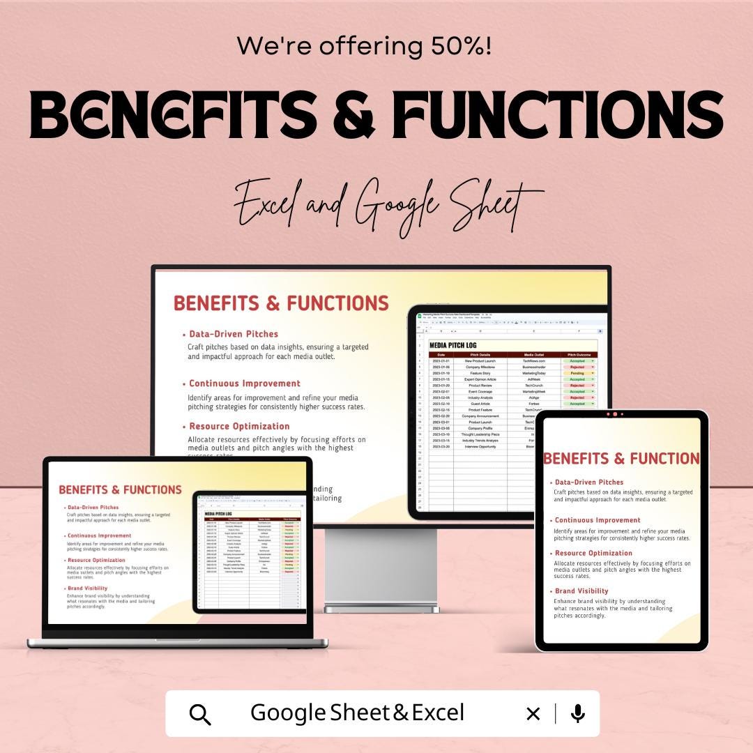 Marketing Media Pitch Success Rate Dashboard | Excel and Google Sheets | Track Media Pitches & Success | Marketing Template for Campaigns