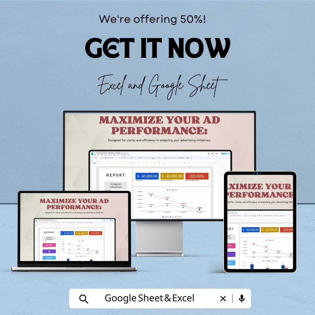 E-commerce Advertising Report Template | Excel & Google Sheets Ad Performance Tracker | Marketing Analytics Spreadsheet | ROAS Report