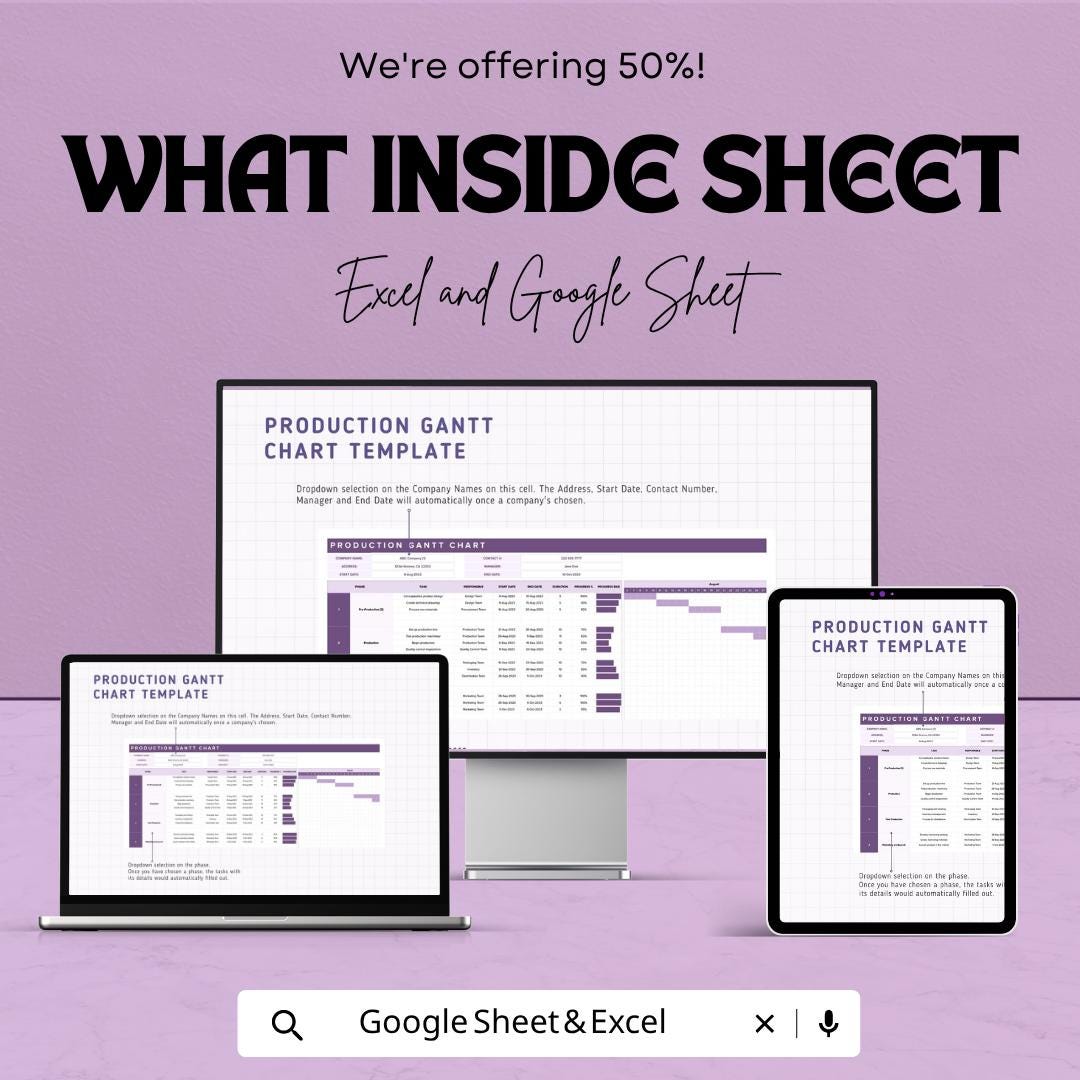 Production Gantt Chart Template | Manufacturing Schedule Planner | Project Timeline Tracker | Production Planning Spreadsheet