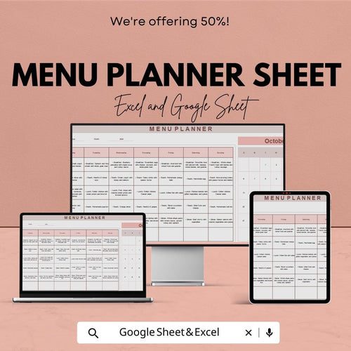Menu Planner Sheet - Monthly Meal Planner Excel & Google Sheet Template for Organized Weekly Meal Prep