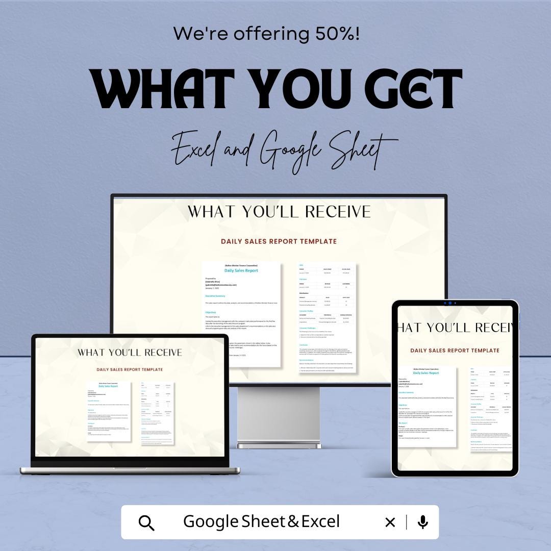 Daily Sales Report Template | Excel & Google Sheets | Business Sales Tracker | Printable Sales Log | Store Sales Summary Spreadsheet