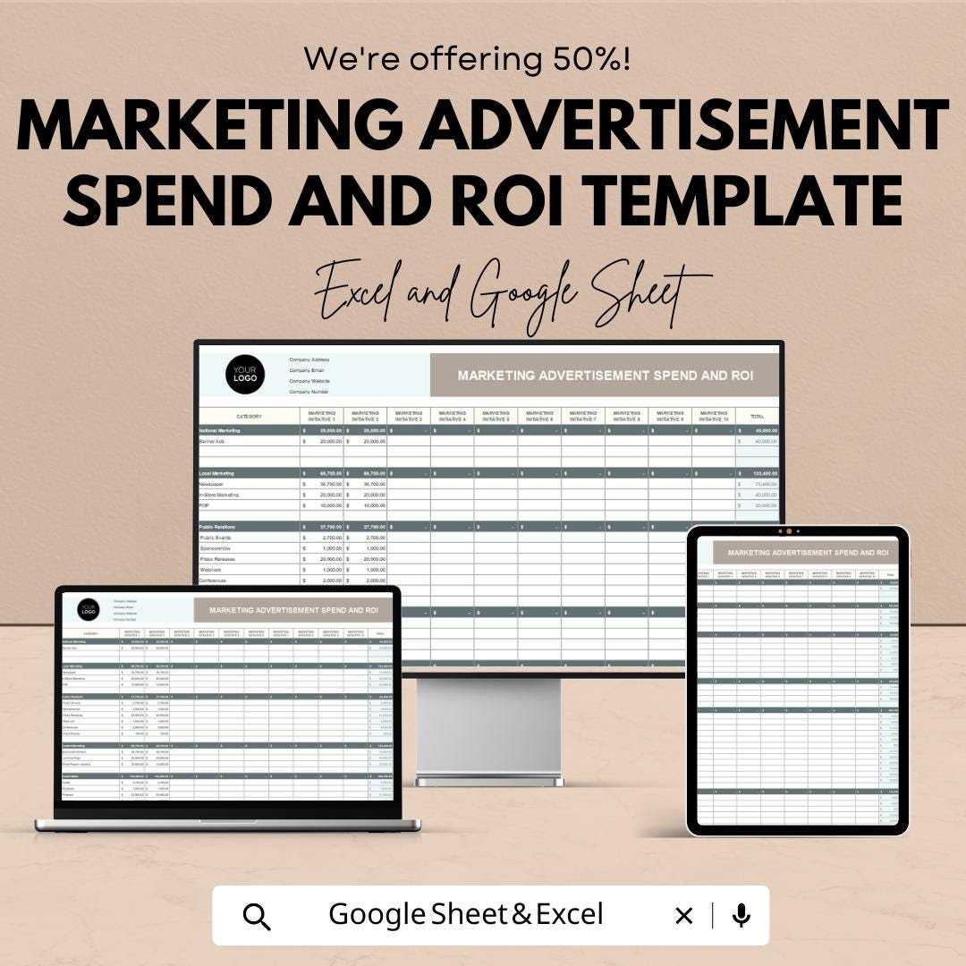 Marketing Advertisement Spend and ROI Template | Marketing Budget Tracker | Ad Spend Report | ROI Analysis Template | Marketing Cost Planner
