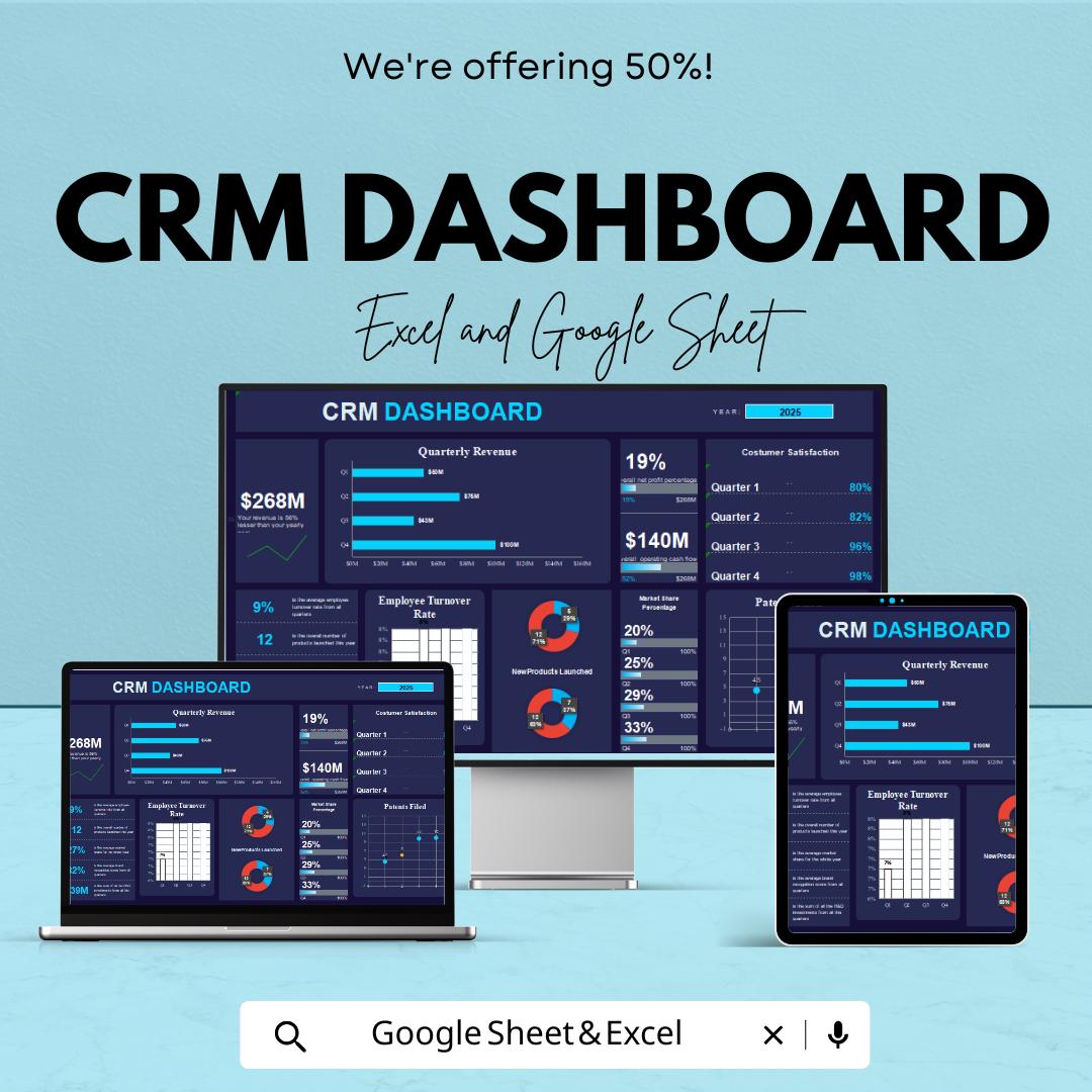 CRM Dashboard Template for Sales and Customer Metrics | Google Sheet | Real-Time Data Visualization | Automated Tracking & Reporting