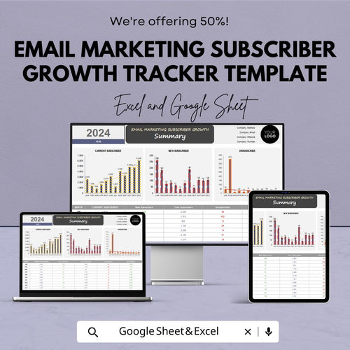 Email Marketing Subscriber Growth Tracker Template | Email List Growth Dashboard | Subscriber Analytics Spreadsheet | Email KPI Tracker