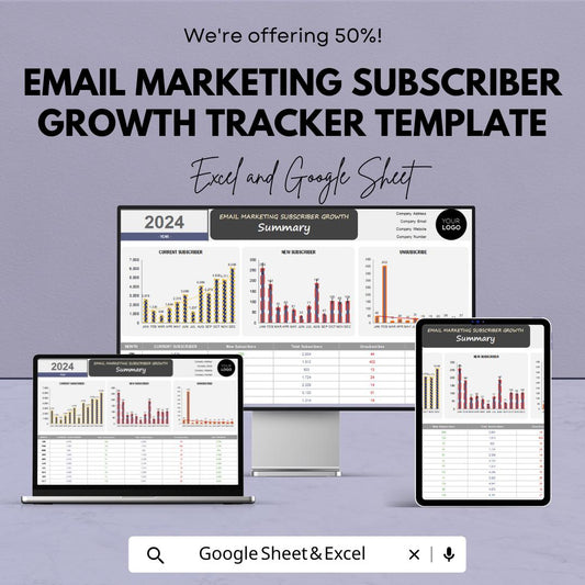 Email Marketing Subscriber Growth Tracker Template | Email List Growth Dashboard | Subscriber Analytics Spreadsheet | Email KPI Tracker